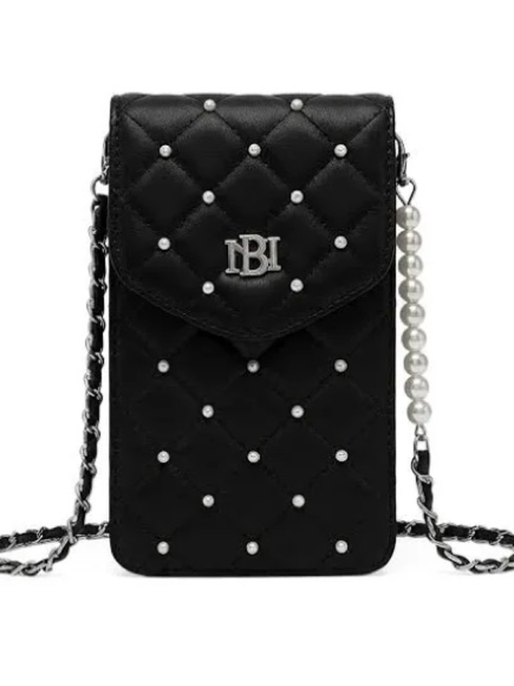 Badgley Mischka Black Quilted Pearl-Accent Crossbody Phone Bag